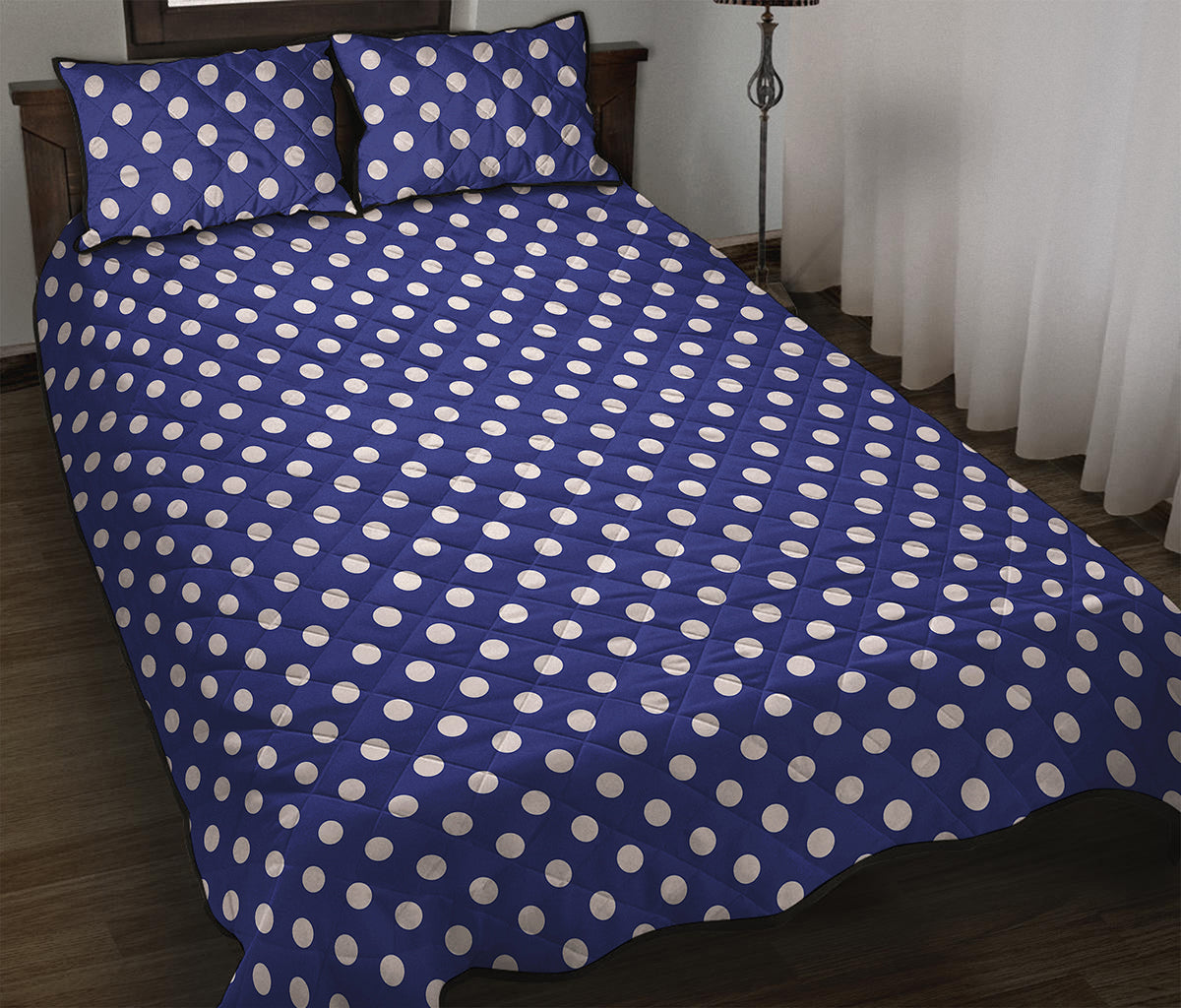 Blue And White Polka Dot Pattern Print Quilt Bed Set