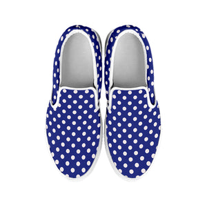 Blue And White Polka Dot Pattern Print White Slip On Shoes