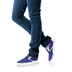 Blue And White Polka Dot Pattern Print White Slip On Shoes