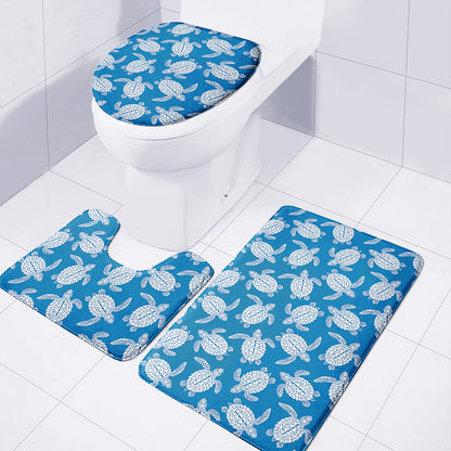 Blue And White Sea Turtle Pattern Print 3 Piece Bath Mat Set