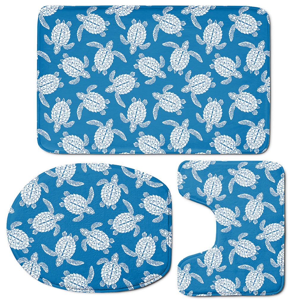 Blue And White Sea Turtle Pattern Print 3 Piece Bath Mat Set