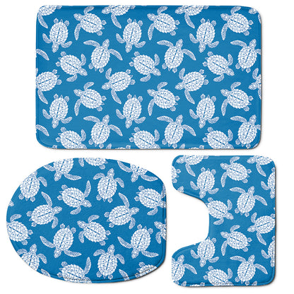 Blue And White Sea Turtle Pattern Print 3 Piece Bath Mat Set