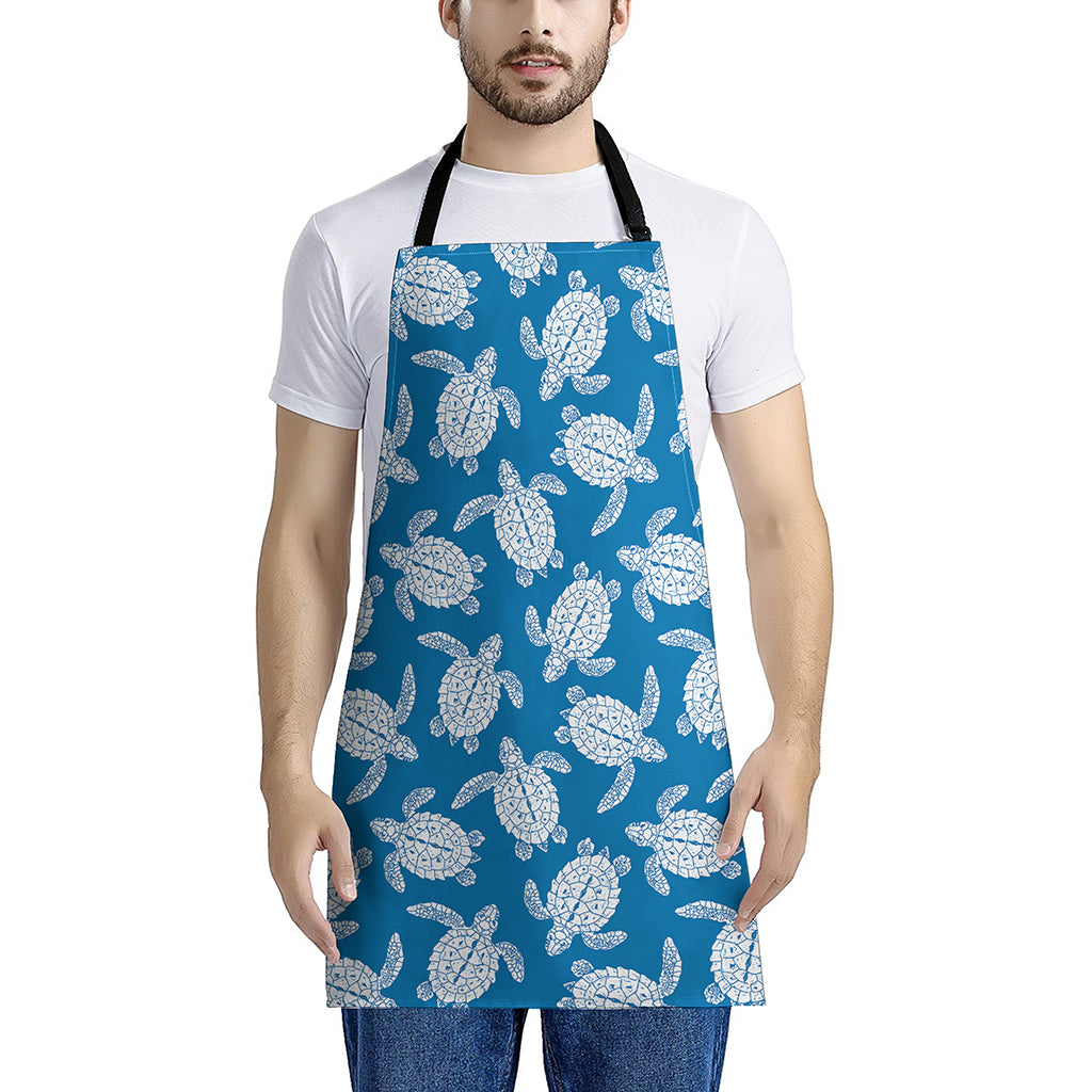 Blue And White Sea Turtle Pattern Print Apron