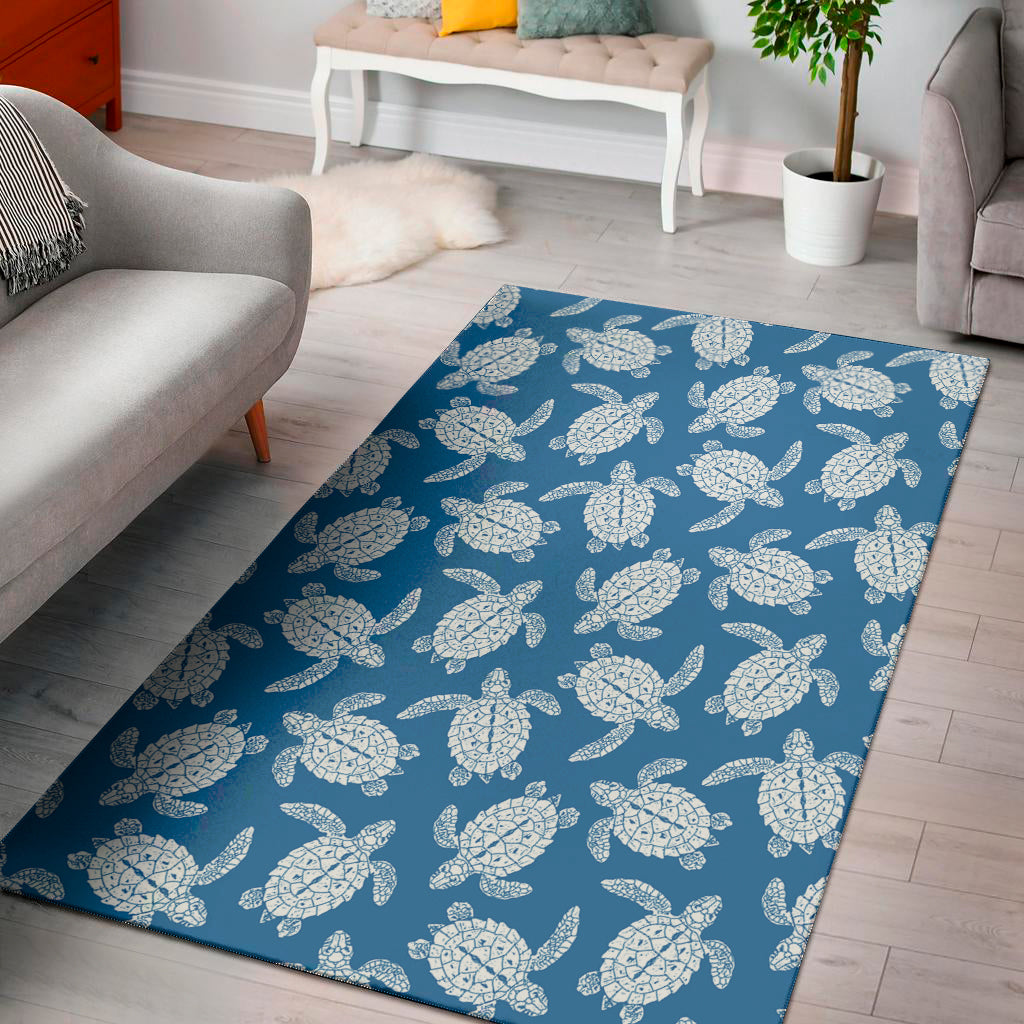 Blue And White Sea Turtle Pattern Print Area Rug