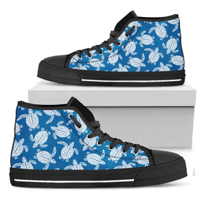 Blue And White Sea Turtle Pattern Print Black High Top Shoes