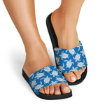 Blue And White Sea Turtle Pattern Print Black Slide Sandals