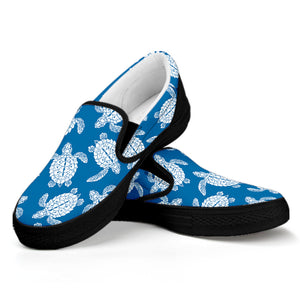 Blue And White Sea Turtle Pattern Print Black Slip On Shoes