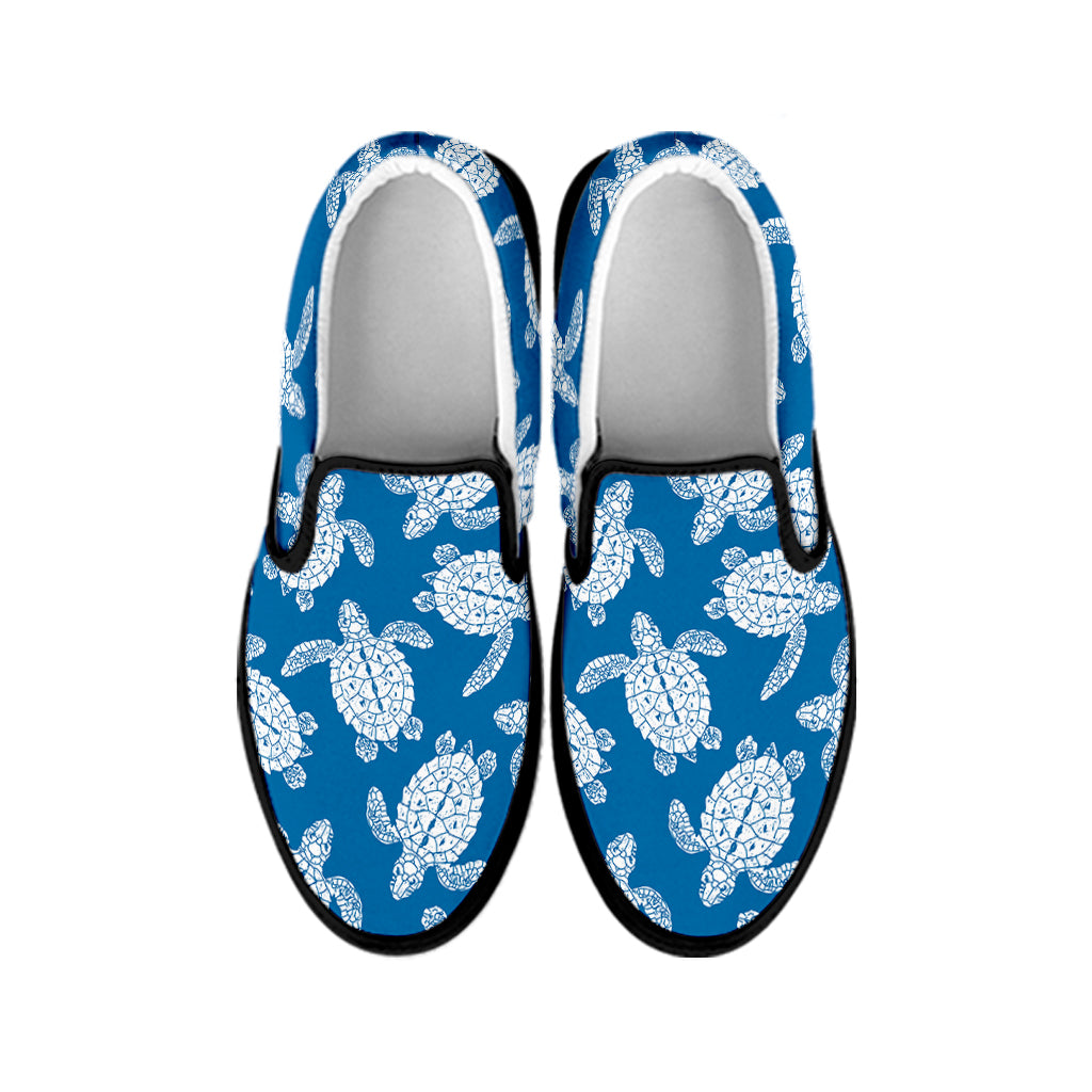 Blue And White Sea Turtle Pattern Print Black Slip On Shoes