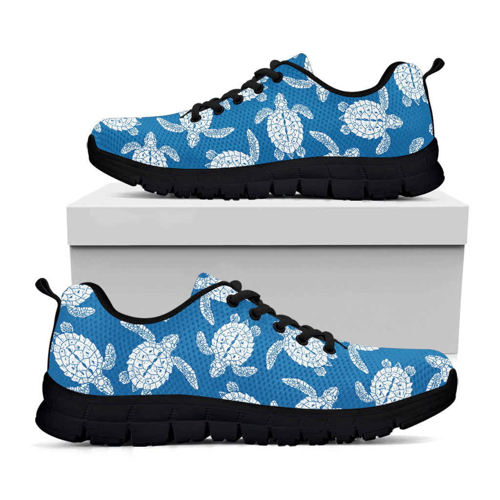 Blue And White Sea Turtle Pattern Print Black Sneakers