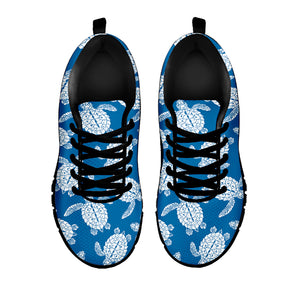 Blue And White Sea Turtle Pattern Print Black Sneakers