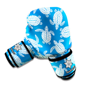 Blue And White Sea Turtle Pattern Print Boxing Gloves