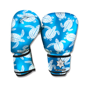 Blue And White Sea Turtle Pattern Print Boxing Gloves