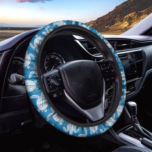 Blue And White Sea Turtle Pattern Print Car Steering Wheel Cover