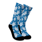 Blue And White Sea Turtle Pattern Print Crew Socks