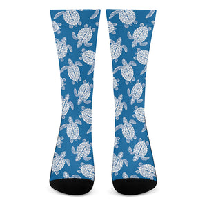 Blue And White Sea Turtle Pattern Print Crew Socks