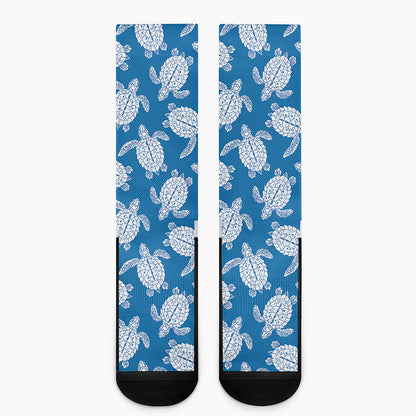 Blue And White Sea Turtle Pattern Print Crew Socks