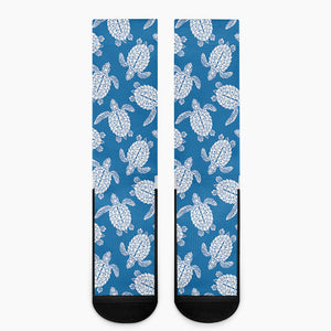 Blue And White Sea Turtle Pattern Print Crew Socks