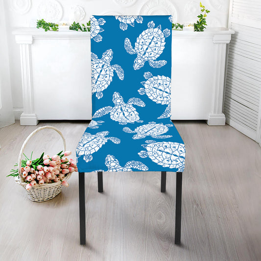 Blue And White Sea Turtle Pattern Print Dining Chair Slipcover