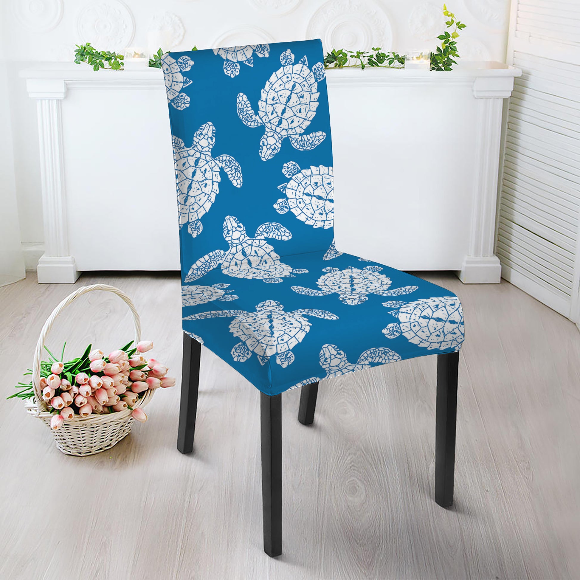 Blue And White Sea Turtle Pattern Print Dining Chair Slipcover
