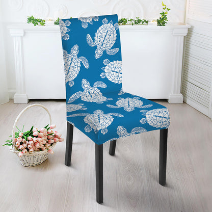 Blue And White Sea Turtle Pattern Print Dining Chair Slipcover