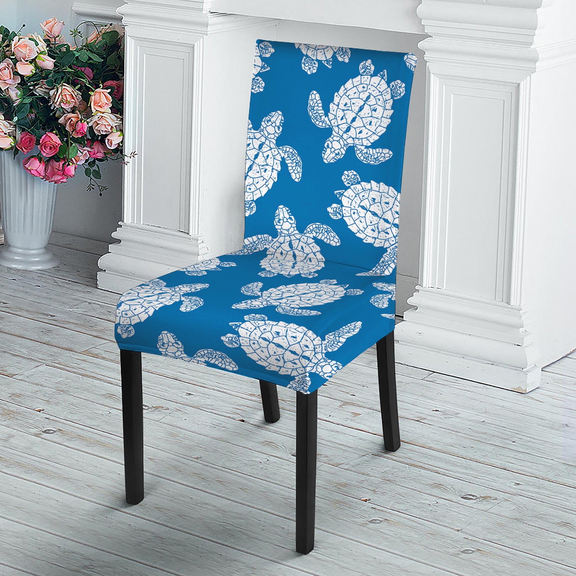 Blue And White Sea Turtle Pattern Print Dining Chair Slipcover