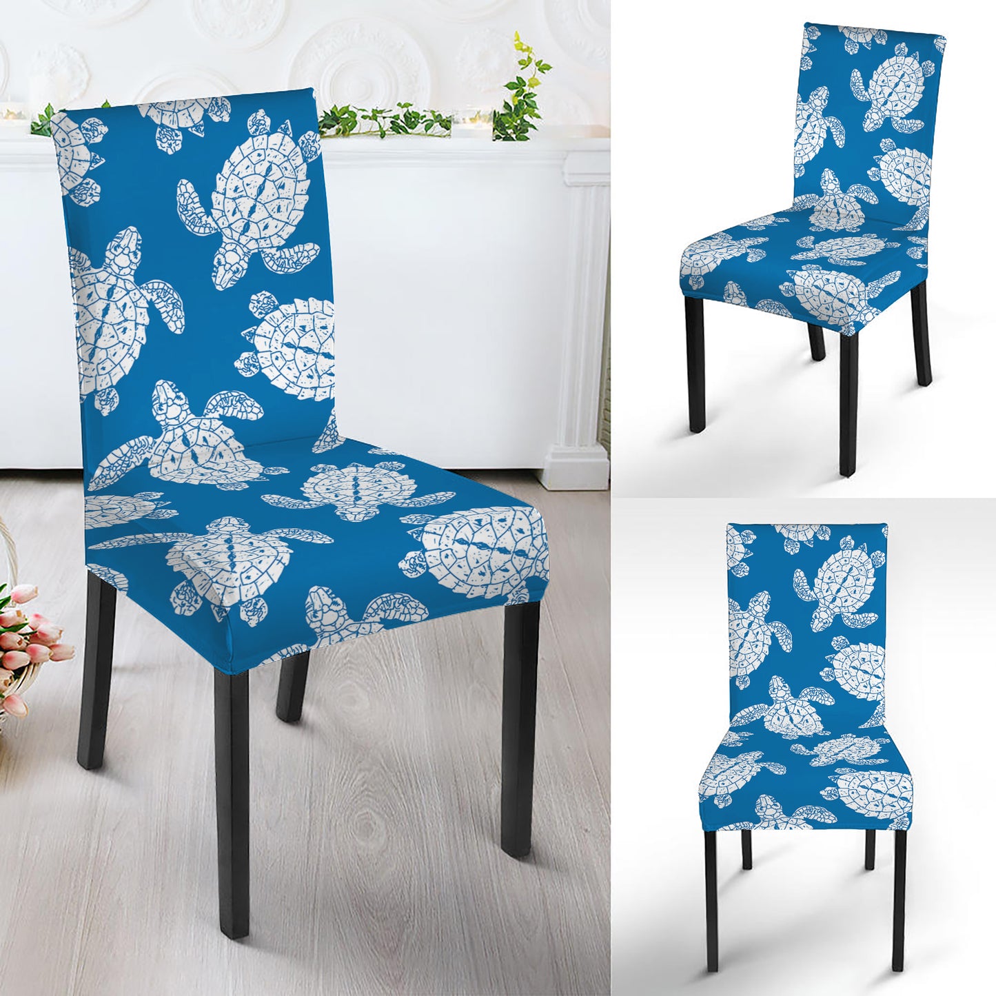 Blue And White Sea Turtle Pattern Print Dining Chair Slipcover