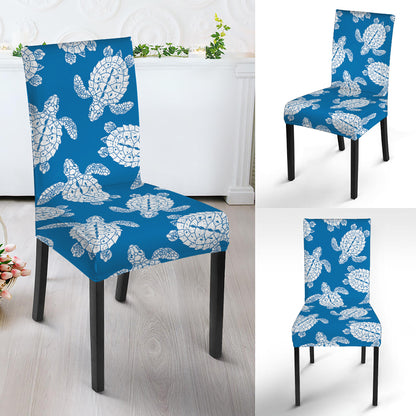 Blue And White Sea Turtle Pattern Print Dining Chair Slipcover