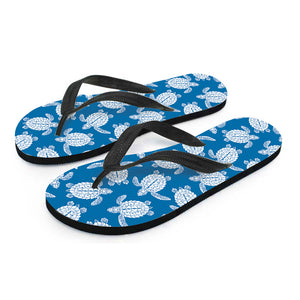 Blue And White Sea Turtle Pattern Print Flip Flops