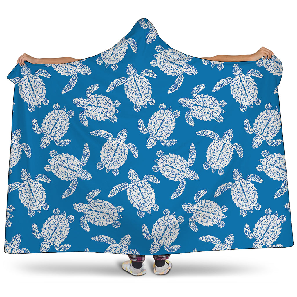 Blue And White Sea Turtle Pattern Print Hooded Blanket