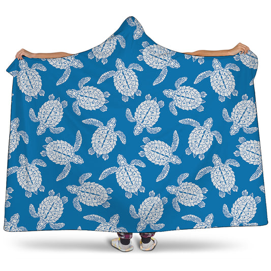 Blue And White Sea Turtle Pattern Print Hooded Blanket