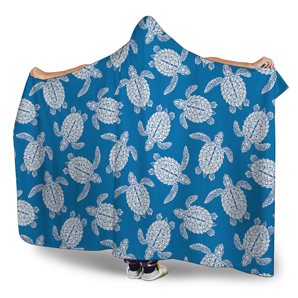 Blue And White Sea Turtle Pattern Print Hooded Blanket
