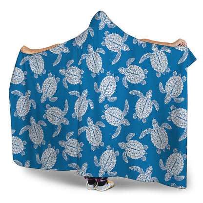 Blue And White Sea Turtle Pattern Print Hooded Blanket