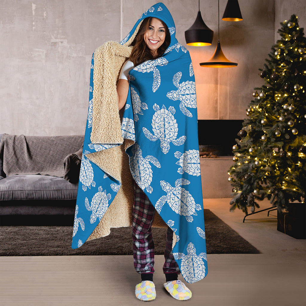Blue And White Sea Turtle Pattern Print Hooded Blanket