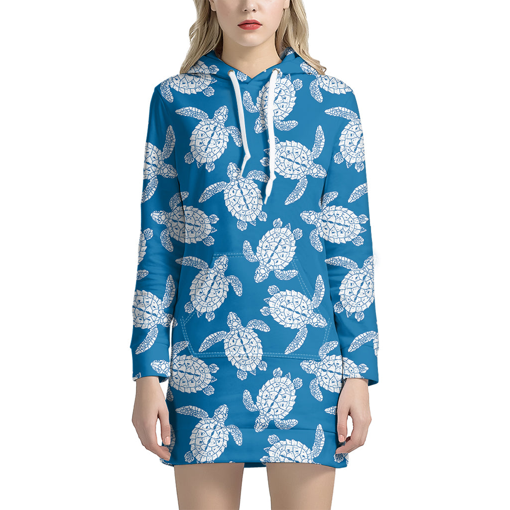 Blue And White Sea Turtle Pattern Print Hoodie Dress