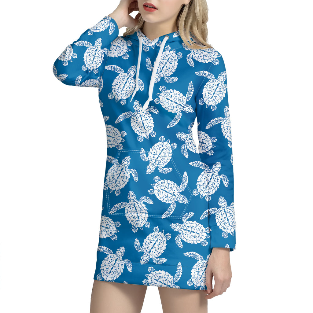 Blue And White Sea Turtle Pattern Print Hoodie Dress