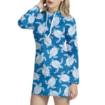 Blue And White Sea Turtle Pattern Print Hoodie Dress