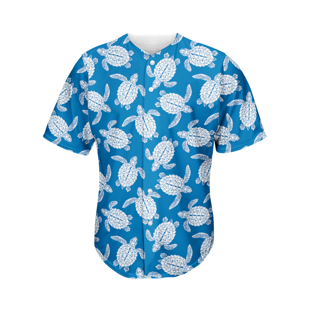 Blue And White Sea Turtle Pattern Print Men's Baseball Jersey