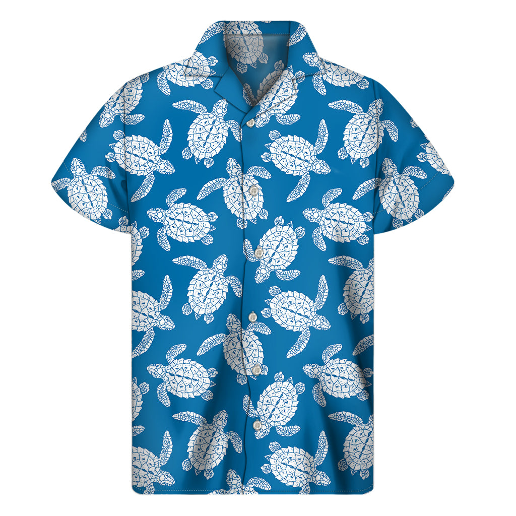 Blue And White Sea Turtle Pattern Print Men's Short Sleeve Shirt