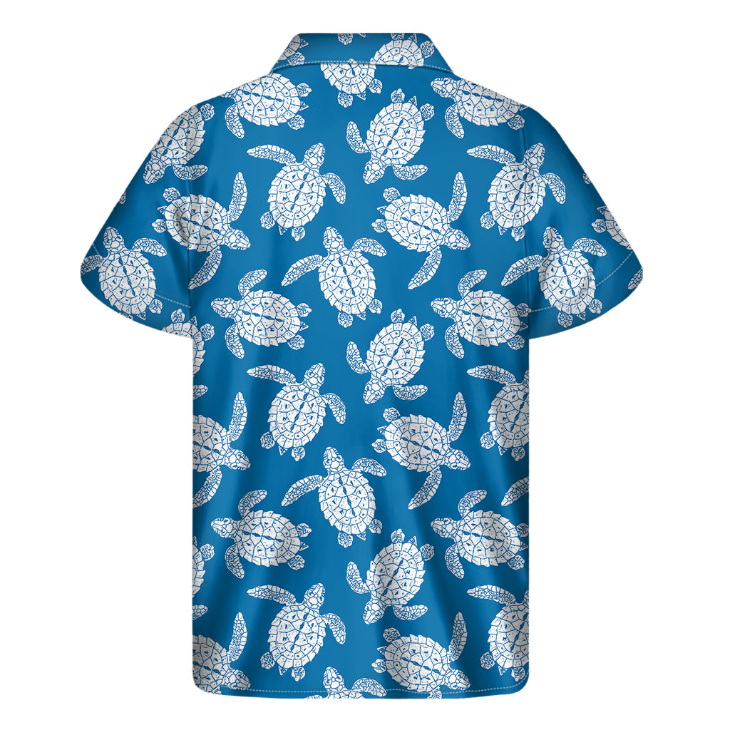 Blue And White Sea Turtle Pattern Print Men's Short Sleeve Shirt