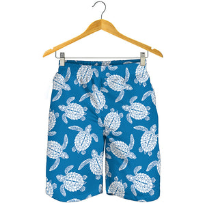 Blue And White Sea Turtle Pattern Print Men's Shorts