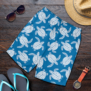 Blue And White Sea Turtle Pattern Print Men's Shorts