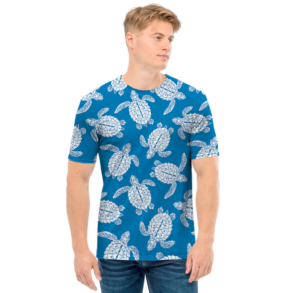 Blue And White Sea Turtle Pattern Print Men's T-Shirt