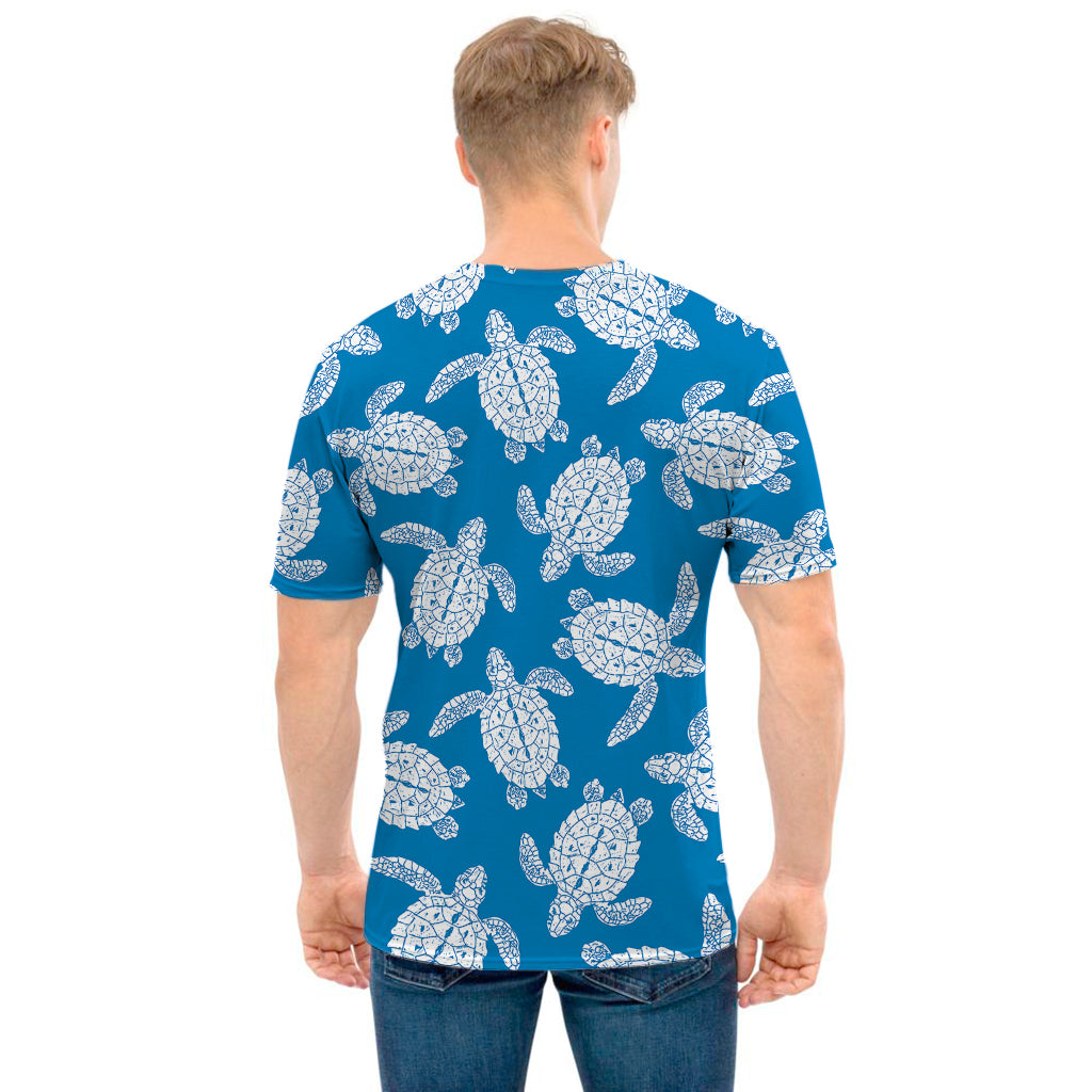 Blue And White Sea Turtle Pattern Print Men's T-Shirt