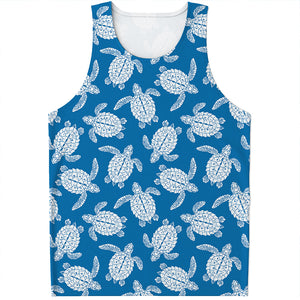 Blue And White Sea Turtle Pattern Print Men's Tank Top