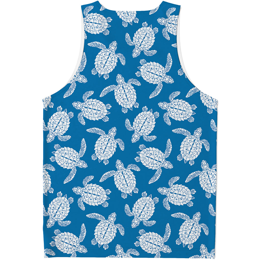 Blue And White Sea Turtle Pattern Print Men's Tank Top