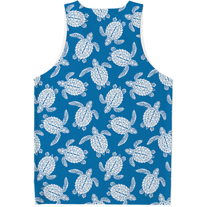 Blue And White Sea Turtle Pattern Print Men's Tank Top