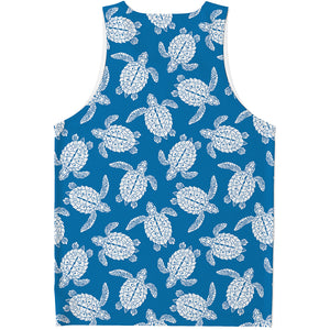 Blue And White Sea Turtle Pattern Print Men's Tank Top