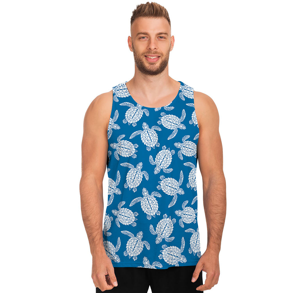 Blue And White Sea Turtle Pattern Print Men's Tank Top