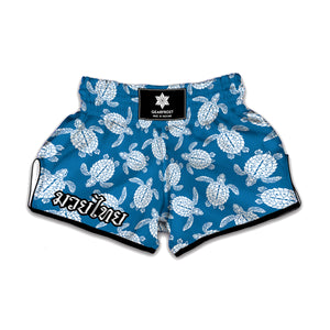 Blue And White Sea Turtle Pattern Print Muay Thai Boxing Shorts