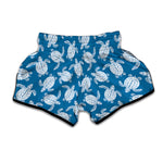 Blue And White Sea Turtle Pattern Print Muay Thai Boxing Shorts